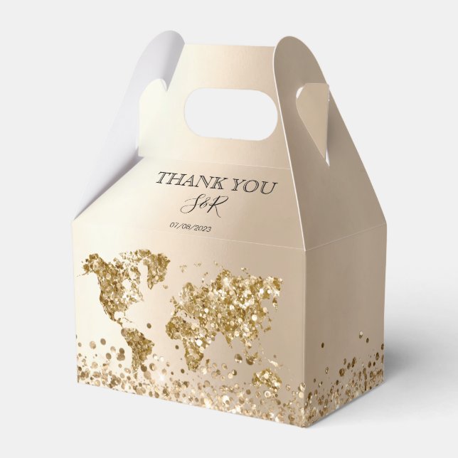 Destination Wedding Gold World Map Beach Adventure Favour Box (Front Side)