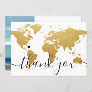 Destination Wedding Gold World Map Wedding Photo Thank You Card