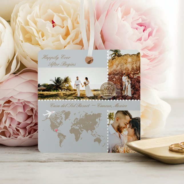 Destination Wedding Map Pin Photo Collage Keepsake Metal Tree Decoration (Destination Wedding Map Pin Photo Collage Keepsake Metal Ornament)