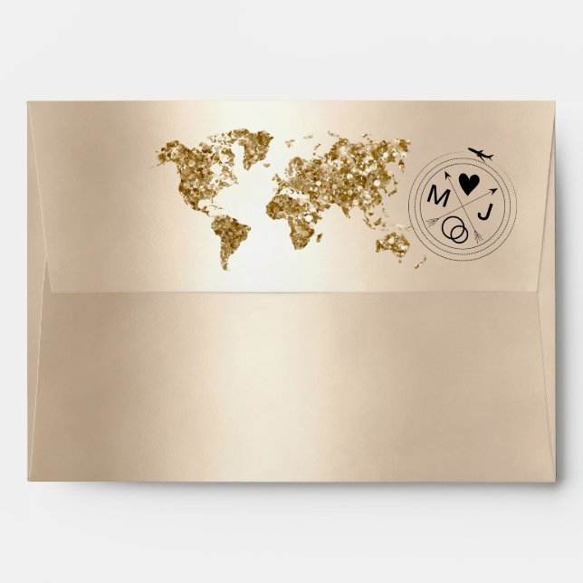 Destination Wedding Passport GlitterGold World Map Envelope (Back (Top Flap))