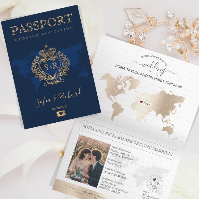 Destination Wedding Passport Gold Crest Italy Invitation (crest and world map wedding passport)