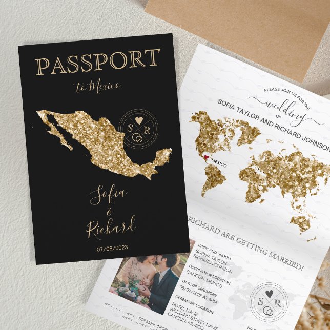 Destination Wedding Passport Gold World Map Mexico Invitation (gold glitter and black passport)