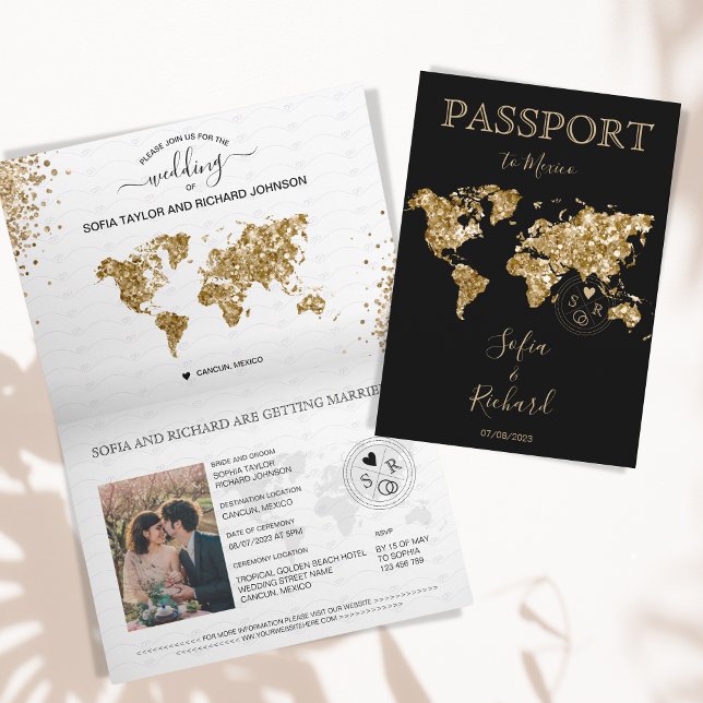 Destination Wedding Passport Gold World Map Mexico Invitation (Creator Uploaded)