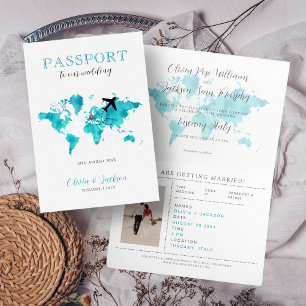 Destination Wedding Passport Mint & Blue World Map Invitation
