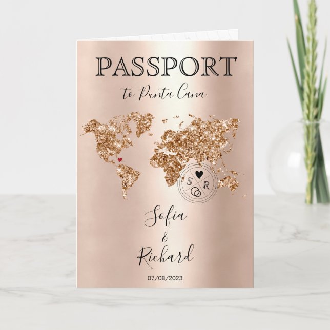 Destination Wedding Passport World Map Glitter Invitation (Front)