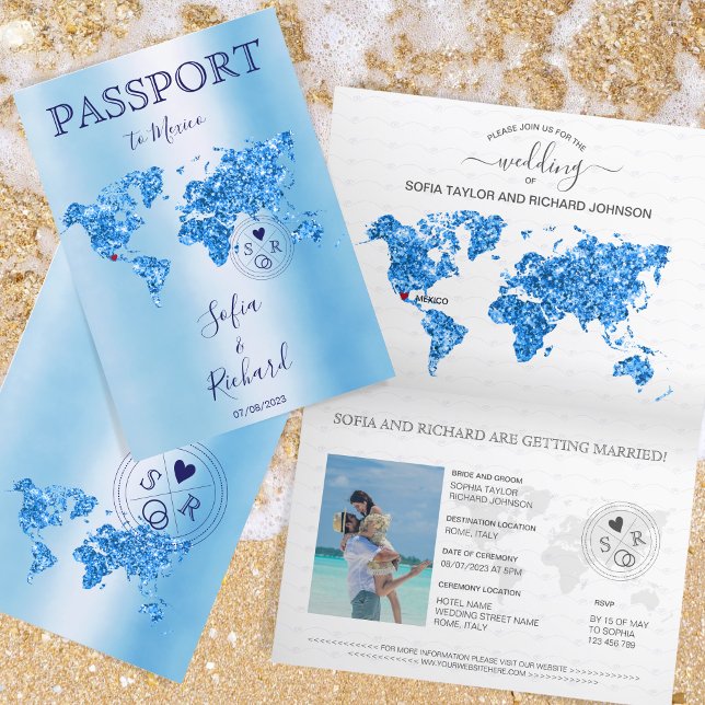 Destination Wedding Passport World Map Mexico Blue Invitation (Creator Uploaded)