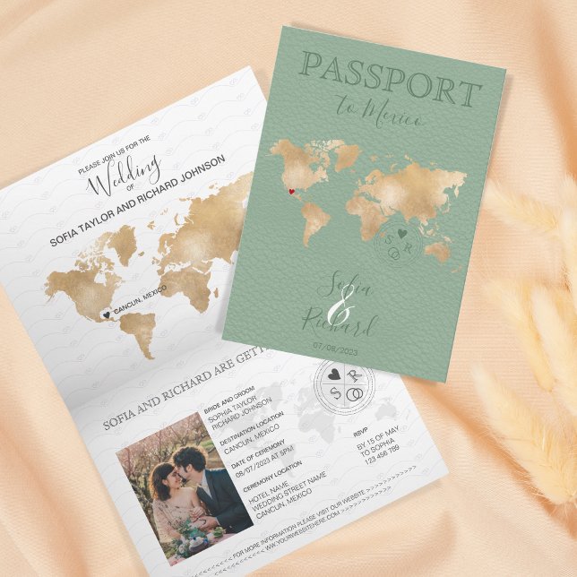 Destination Wedding Passport World Map Mexico Sage Invitation (Creator Uploaded)