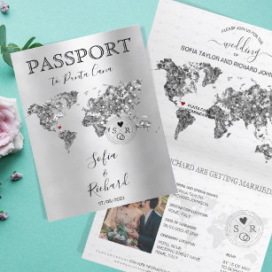 Destination Wedding Passport World Map Silver Invitation