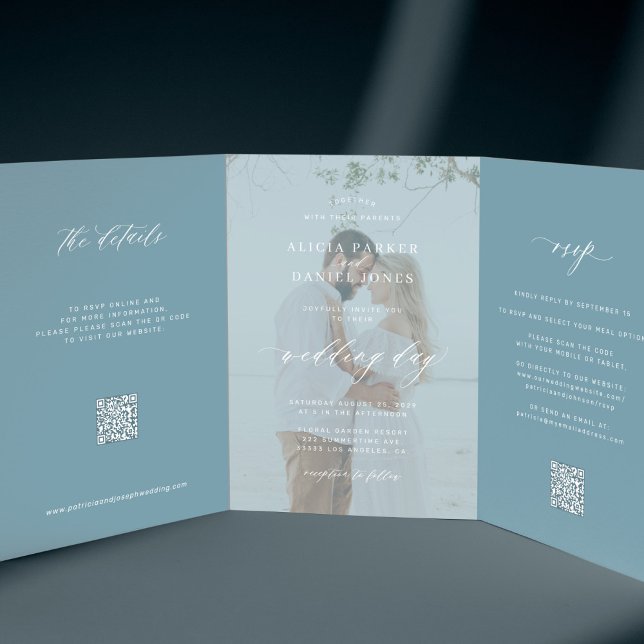 Destination wedding photo RSVP details QR code  Tri-Fold Invitation (Creator Uploaded)