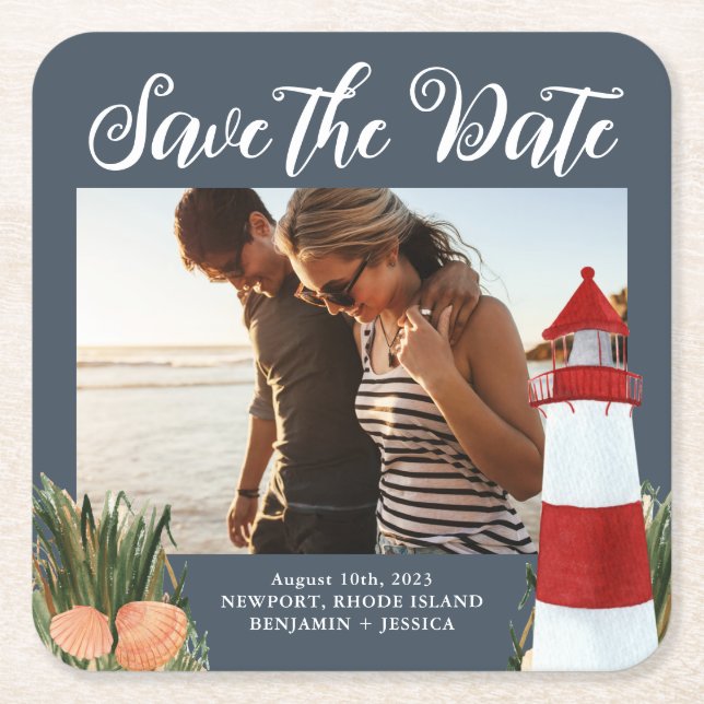Destination Wedding Photo Save the Date Navy Square Paper Coaster (Front)