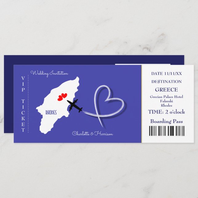 Destination Wedding Rhodes Greece Ticket Invitation (Front/Back)