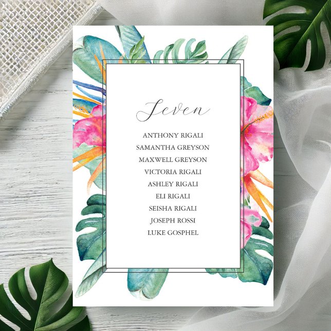 Destination Wedding Seating Chart Template (Seating chart watercolor tropical flowers & palm leaves by Victoria Grigaliunas Do Tell A Belle)