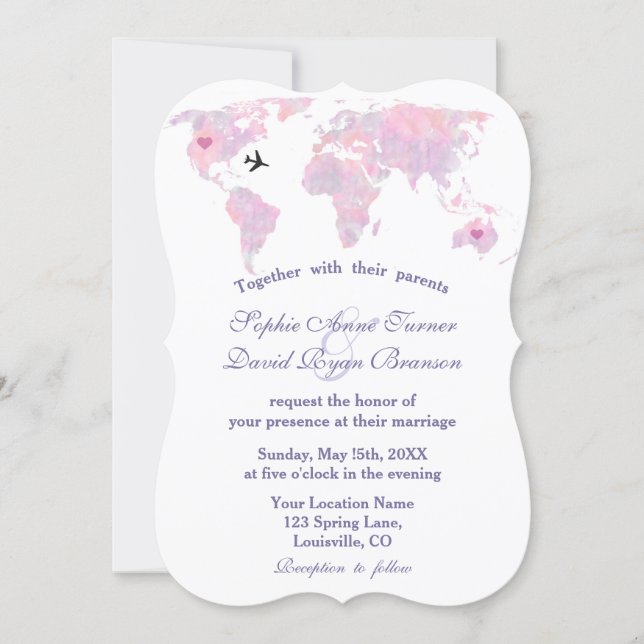 Destination Wedding Travel Watercolor World Map Invitation (Front)