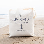 Destination Wedding Welcome Bag | Anchor<br><div class="desc">Ahoy! Welcome guests to your destination wedding with these chic and modern personalised tote bags. Summery nautical design features "welcome" in navy blue modern handwritten calligraphy script,  with space to personalise with your wedding location,  names and date. A ship's anchor illustration in matching navy completes the design.</div>