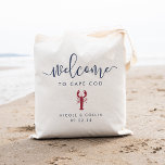 Destination Wedding Welcome Bag | Lobster<br><div class="desc">Welcome guests to your destination wedding with these chic and modern personalised tote bags. Summery nautical design in navy and red features "welcome" in modern handwritten calligraphy script, with space to personalise with your wedding location, names and date. A lobster illustration in summer red completes the design, making it a...</div>