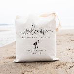 Destination Wedding Welcome Bag | Palm Tree<br><div class="desc">Welcome guests to your destination wedding with these chic and modern personalised tote bags. Design features "welcome" in modern handwritten calligraphy script,  with space to personalise with your wedding location,  names and date. A pair of palm tree silhouette illustrations completes the design.</div>