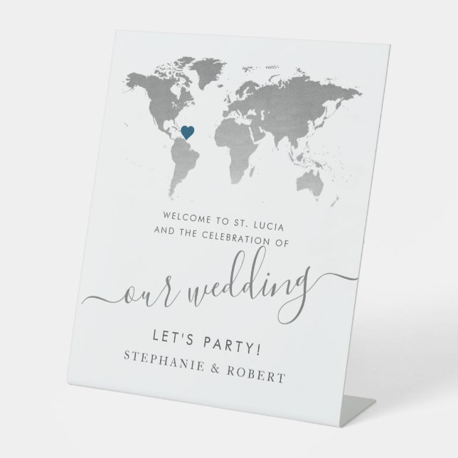 Destination Wedding World Map Silver Welcome Pedestal Sign (Front)