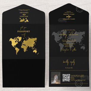 Destination Wedding World Passport Black Gold All In One Invitation