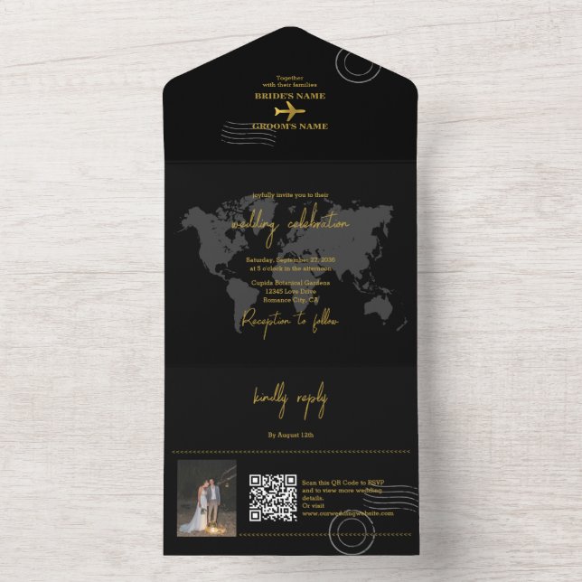 Destination Wedding World Passport Black Gold All In One Invitation (Inside)