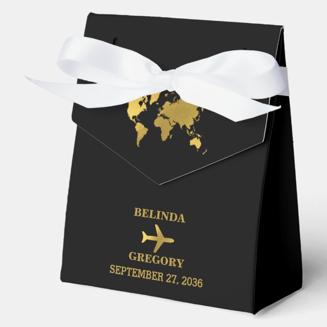 Destination Wedding World Passport Black Gold Favour Box (Front)