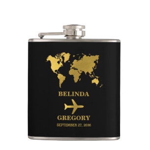 Destination Wedding World Passport Black Gold Hip Flask