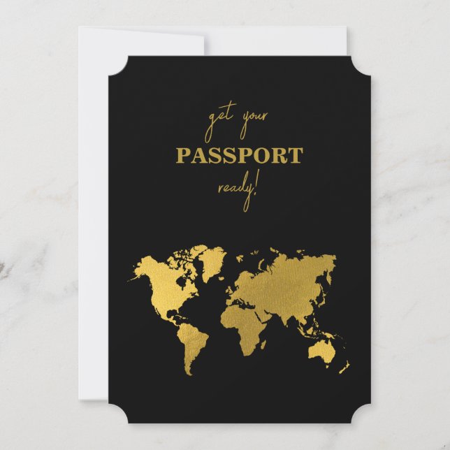 Destination Wedding World Passport Black Gold Invitation (Front)