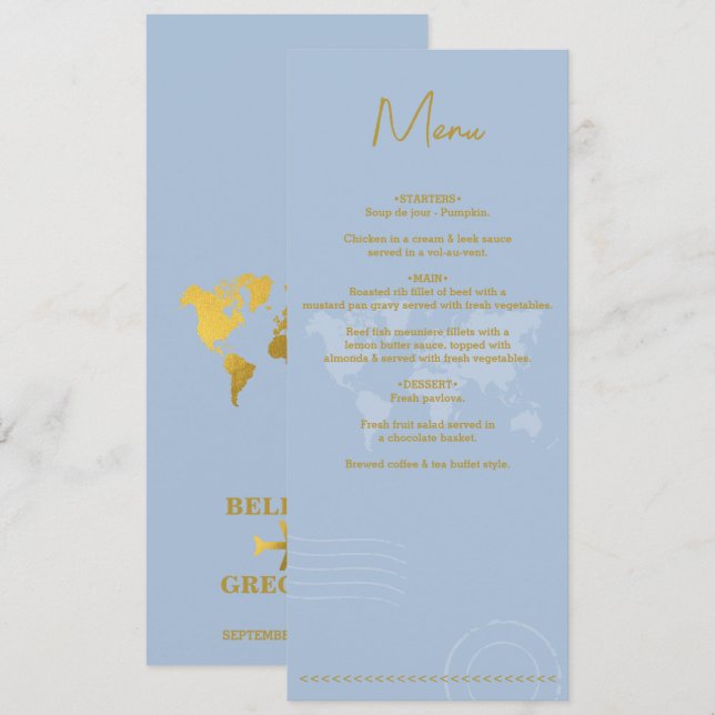Destination Wedding World Passport Blue Gold Menu (Front/Back)