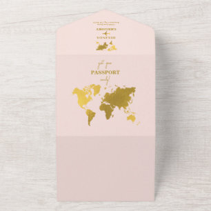 Destination Wedding World Passport Blush Pink Gold All In One Invitation