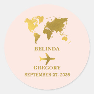 Destination Wedding World Passport Blush Pink Gold Classic Round Sticker