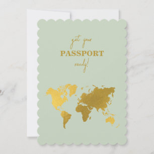 Destination Wedding World Passport Sage Green Gold Invitation