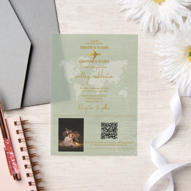 Destination Wedding World Passport Sage Green Gold Vellum Invitations (Wedding)