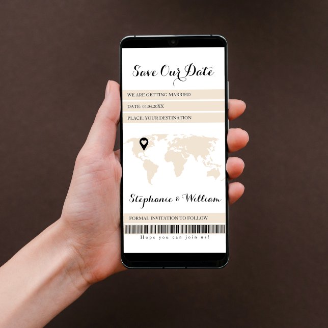 Destination World Map Electronic Boarding Pass Save The Date (save the date boarding pass electronic boarding pass destination pin world map beige minimalist)