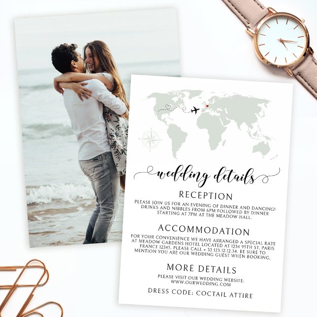 Destination world map wedding details photo Card (Creator Uploaded)