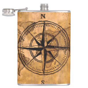 Destinations - Compass Rose and World Map Hip Flask