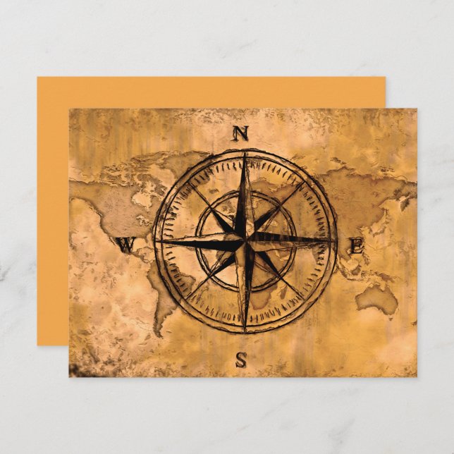 Destinations - Compass Rose and World Map Invitation (Front/Back)