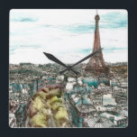 Destinations | Vintage Eiffel Tower in Paris View Square Wall Clock<br><div class="desc">Afternoon has broken and you are transpired in a beautiful day in Paris. The watercolor gives us a fresh outlook at the booming capital of France. The fantastic artwork was painted by the one and only Melissa Wang. She allows us to see Paris through her eyes. With the Eiffel Tower...</div>