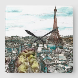 Destinations   Vintage Eiffel Tower in Paris View Square Wall Clock
