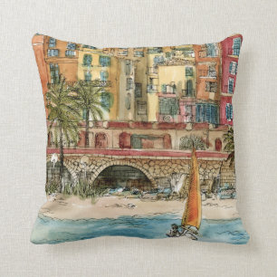 Destinations   Watercolor Beach & Buildings Cushion