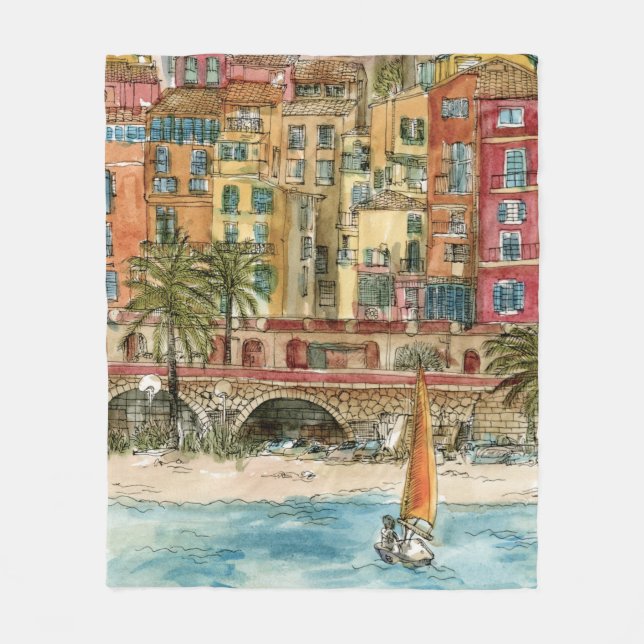 Destinations | Watercolor Beach & Buildings Fleece Blanket (Front)