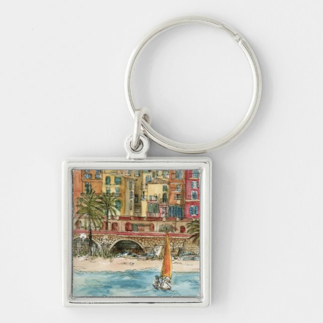 Destinations | Watercolor Beach & Buildings Key Ring (Front)