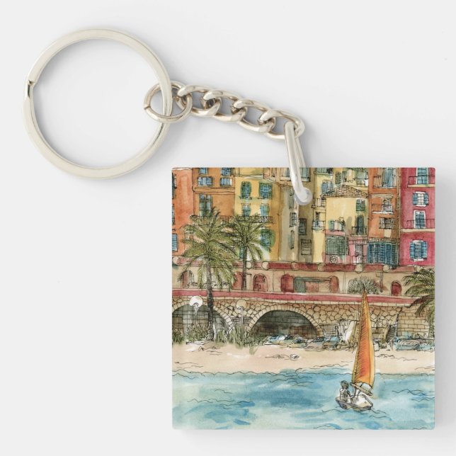 Destinations | Watercolor Beach & Buildings Key Ring (Front)