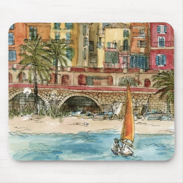 Destinations | Watercolor Beach & Buildings Mouse Pad (Front)