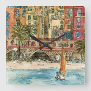 Destinations   Watercolor Beach & Buildings Square Wall Clock