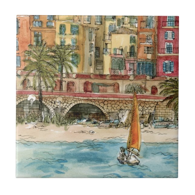 Destinations | Watercolor Beach & Buildings Tile (Front)