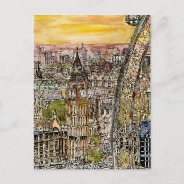 Destinations | Watercolor Big Ben & London Eye Postcard (Front)