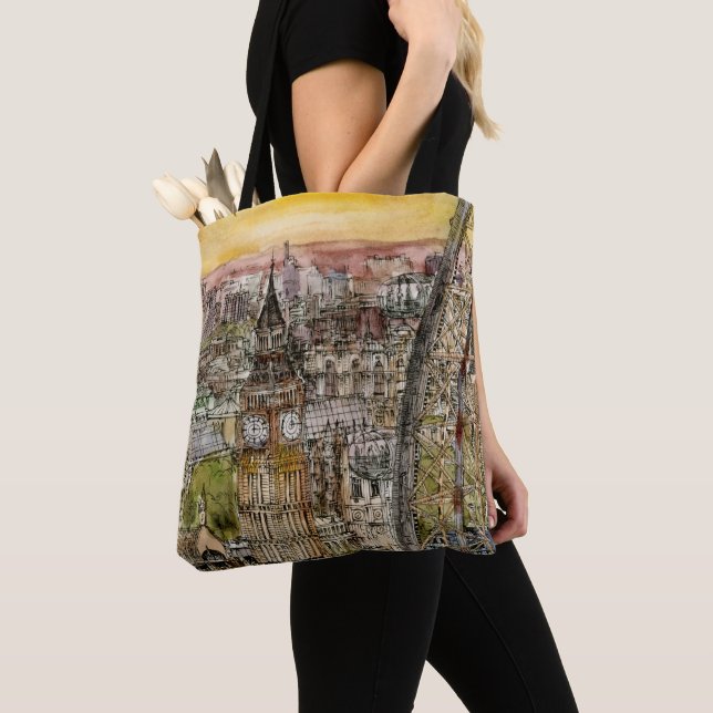 Destinations | Watercolor Big Ben & London Eye Tote Bag (Close Up)