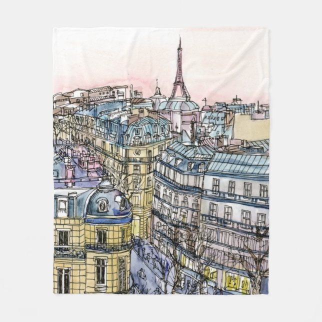 Destinations | Watercolor Eiffel Tower & Paris Fleece Blanket (Front)