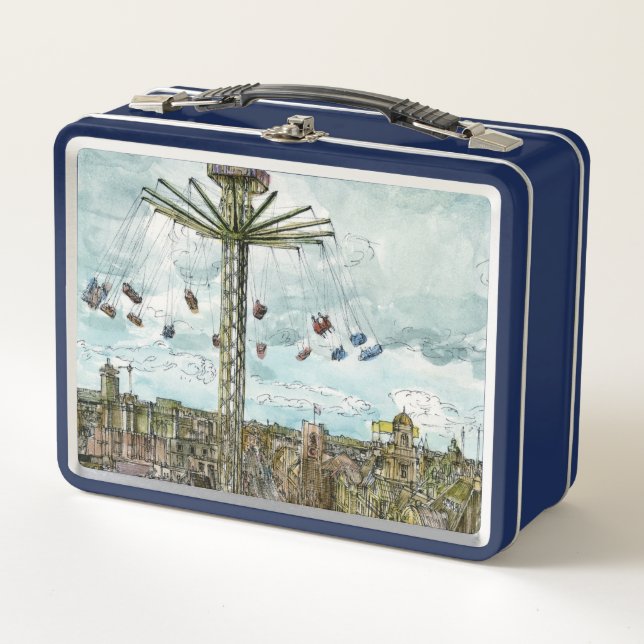 Destinations | Watercolor European Swing Ride Metal Lunch Box (Front)