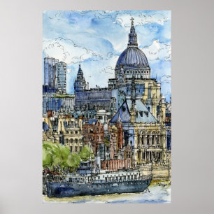 Destinations Watercolor River Thames Waterfront Poster