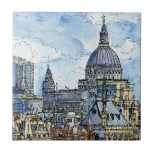 Destinations Watercolor River Thames Waterfront Tile